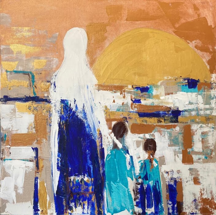 Raida Shahin – The Return – mixed media on canvas 50 by 50 600usd